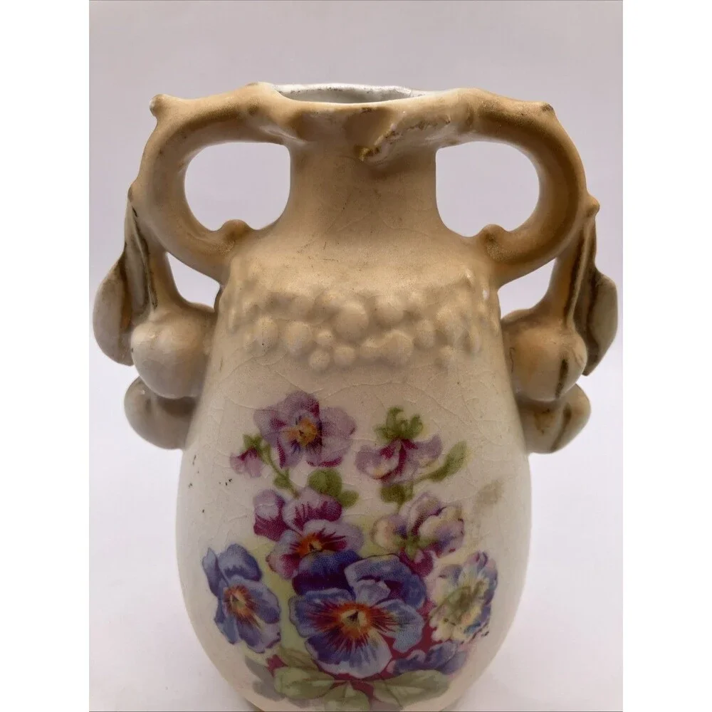 Antique Art Nouveau Porcelain Vase w Cherry Fruit Handles Austria Victorian 5.5